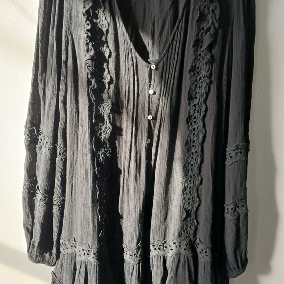 Free People Size Small‎ Snow Angel Mini Dress Black Long Sleeve Bohemian Slip - Picture 3 of 13